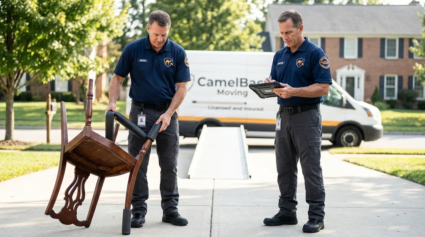 Movers inspecting furniture for damage prevention before loading in Franklin, NC