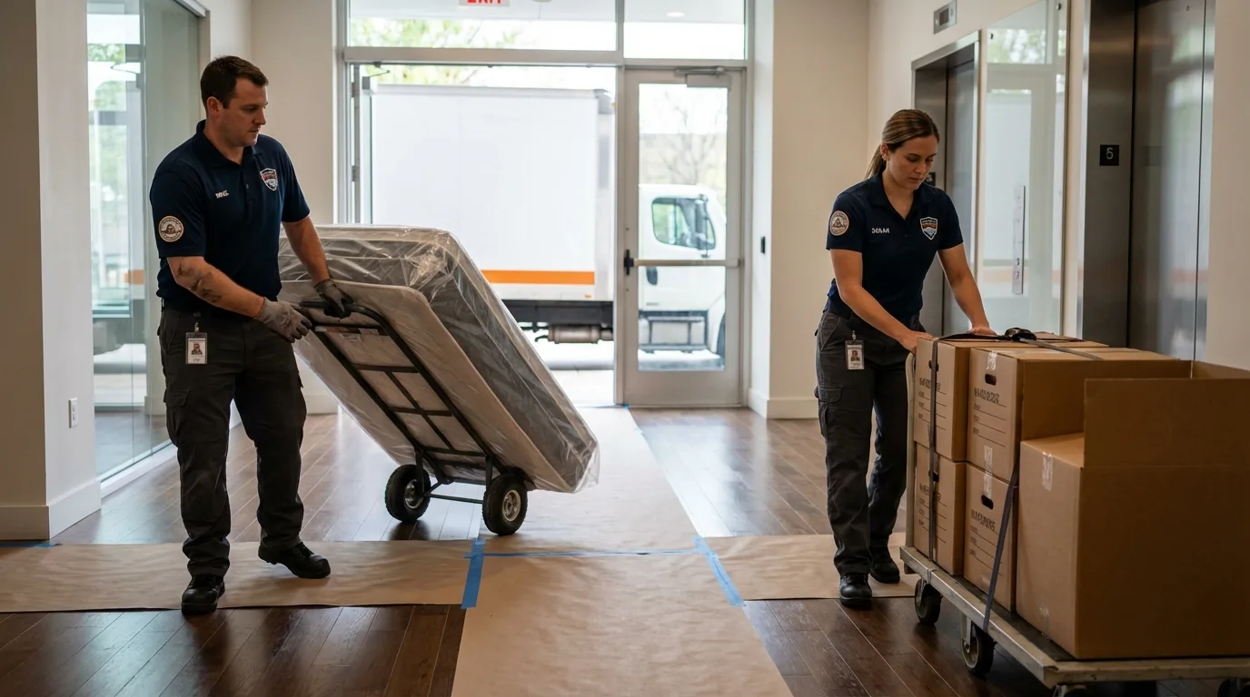 Professional apartment movers loading elevator in Franklin, NC